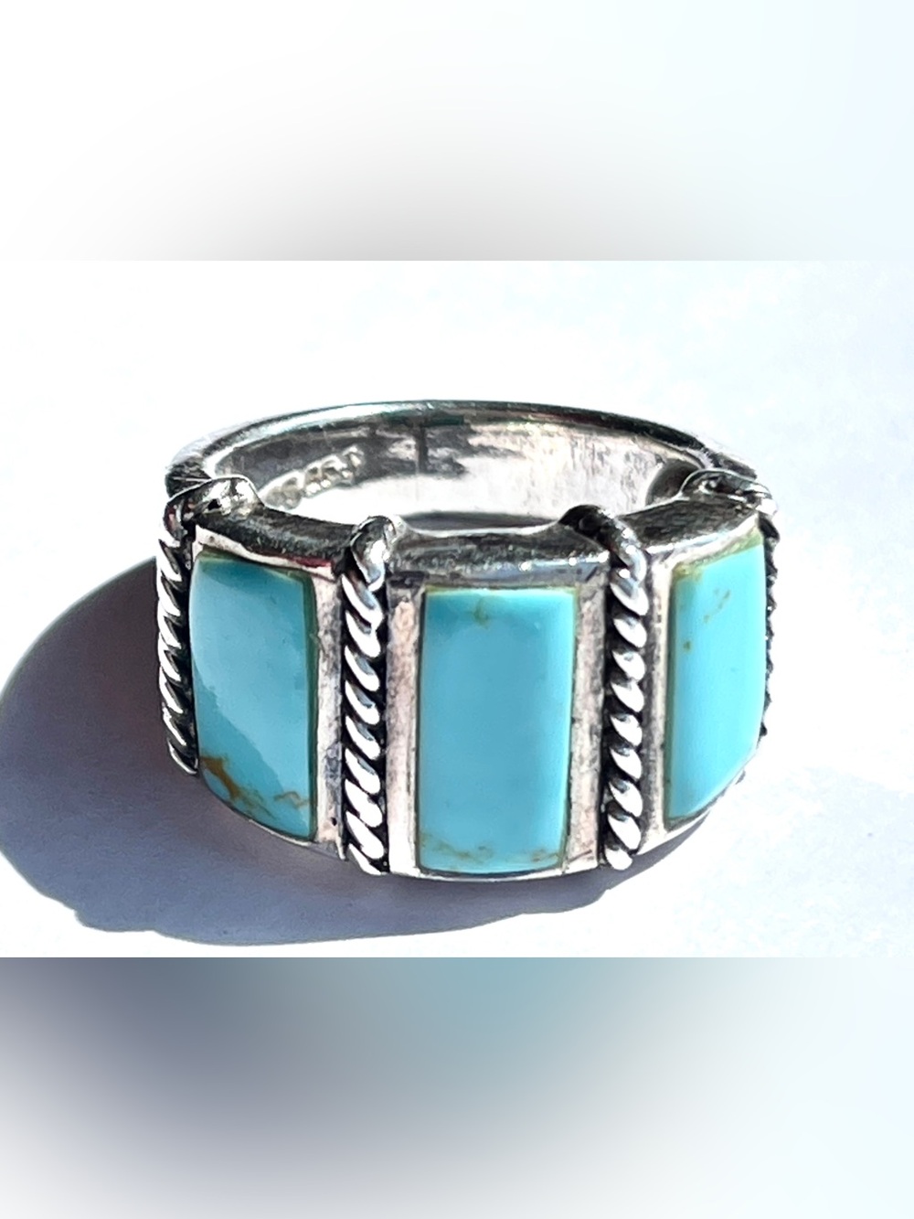 Vintage BBJ Sterling Silver Turquoise Channel Inlay Band Ring Southwestern 8.1g